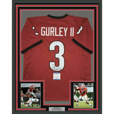 FRAMED Autographed/Signed TODD GURLEY 33x42 Georgia Red Jersey Beckett BAS COA