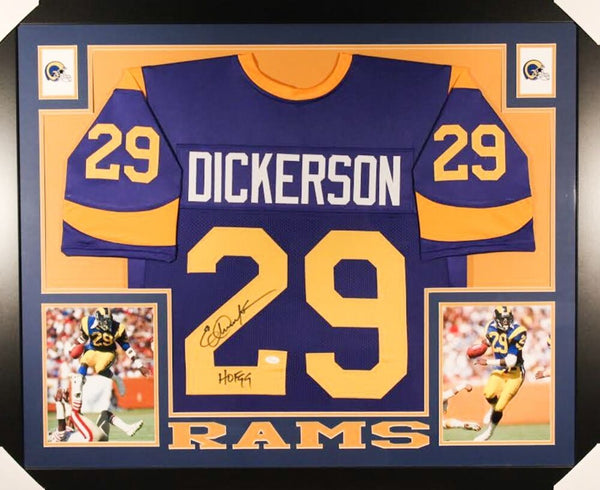 Eric Dickerson Signed Rams 35" x 43" Custom Framed Jersey Inscribed "HOF 99" JSA