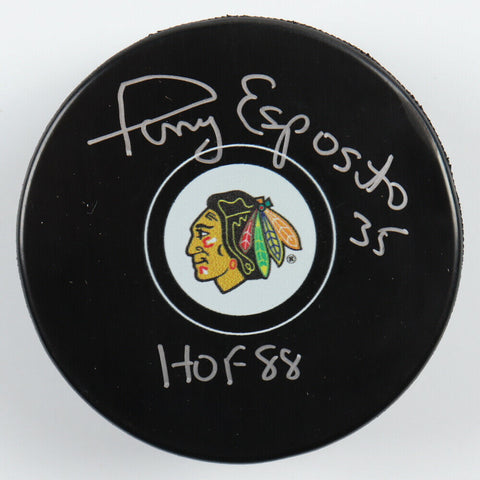 Tony Esposito Signed Blackhawks Logo Hockey Puck Inscribed "HOF 88" Schwartz