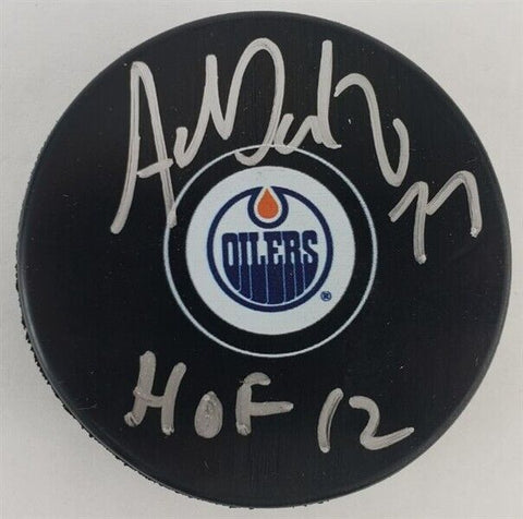 Adam Oates "HOF 12" Signed Edmonton Oilers Logo Hockey Puck /JSA Witness COA