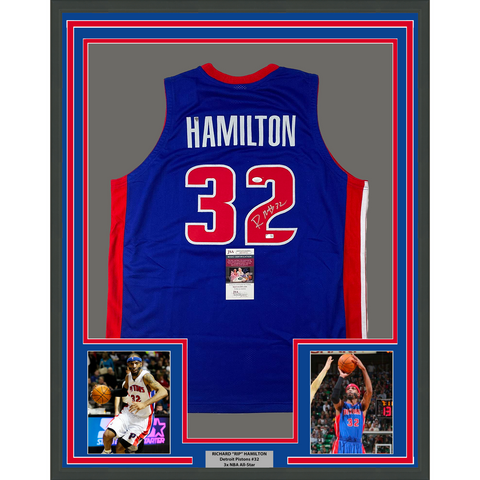 Framed Autographed/Signed Richard Rip Hamilton 33x42 Detroit Blue Jersey JSA COA