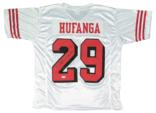 TALANOA HUFANGA SIGNED SAN FRANCISCO 49ERS #29 WHITE COLOR RUSH JERSEY BECKETT