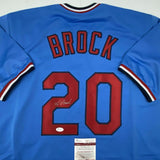 Autographed/Signed LOU BROCK St. Louis Blue Baseball Jersey JSA COA Auto