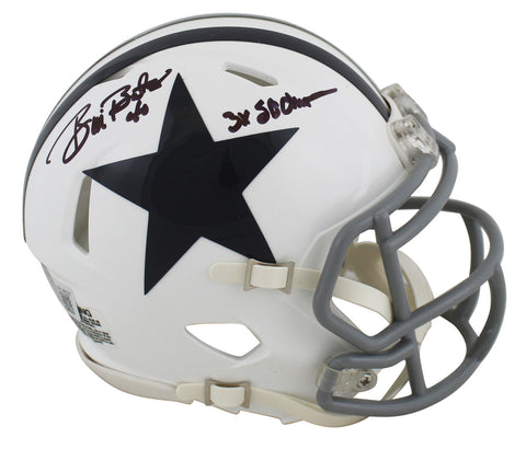 Cowboys Bill Bates "3x SB Champ" Signed White TB Speed Mini Helmet BAS Witnessed