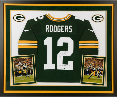Aaron Rodgers Packers FRMD Signd Nike Green Elite Jersey w/Leader/the Pack Inc