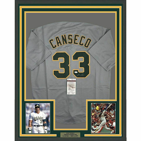 FRAMED Autographed/Signed JOSE CANSECO 33x42 Oakland Grey Jersey JSA COA Auto