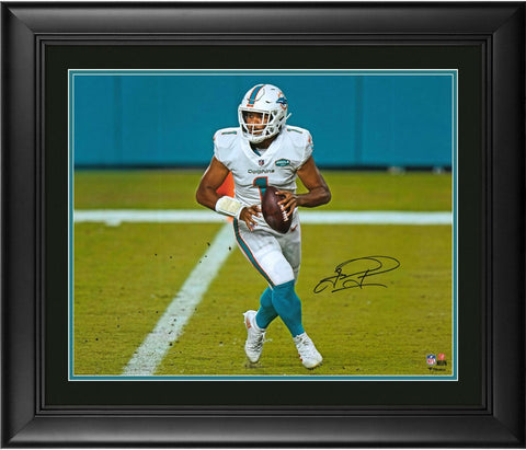 Tua Tagovailoa Miami Dolphins FRMD Signed 16"x20" White Jersey Rolling Out Photo