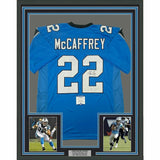 FRAMED Autographed/Signed CHRISTIAN MCCAFFREY 33x42 Blue Football Jersey BAS COA
