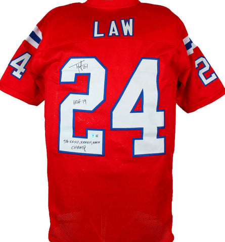 Ty Law Autographed Red Pro Style Jersey w/HOF, SB Champs-Beckett W Hologram