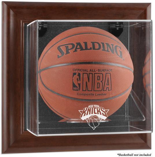 NY Knicks Brown Framed Wall-Mountable Logo Basketball Display Case