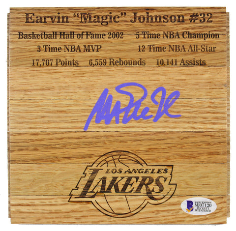 Lakers Magic Johnson Signed 6x6 floorboard w/ Purple Signature BAS Witnessed