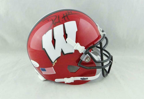 Derek Watt Signed Wisconsin Red W/ Black Stripe Schutt Mini Helmet- JSA W Auth
