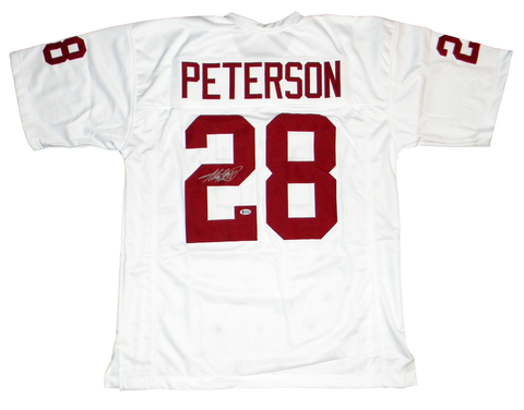 ADRIAN PETERSON SIGNED AUTOGRAPHED OKLAHOMA SOONERS #28 WHITE JERSEY BECKETT
