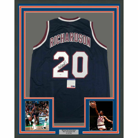 FRAMED Autographed/Signed MICHEAL RAY RICHARDSON 33x42 Dark Blue Jersey PSA COA