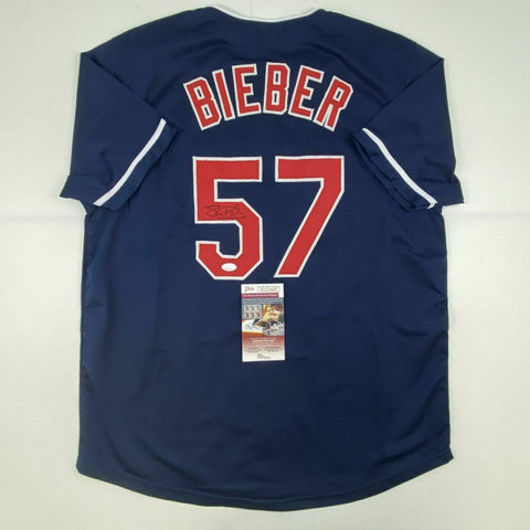 Autographed/Signed SHANE BIEBER Cleveland Blue Baseball Jersey JSA COA Auto