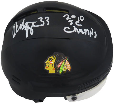 Dustin Byfuglien Signed Blackhawks Black Hockey Mini Helmet w/SC Champs (SS COA)