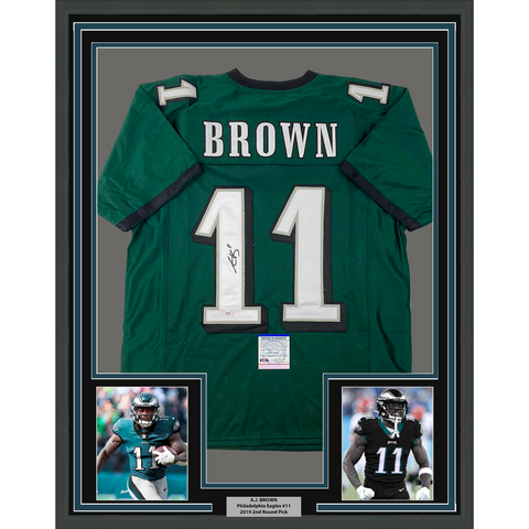 Framed Autographed/Signed AJ A.J. Brown 33x42 Green Football Jersey PSA/DNA COA