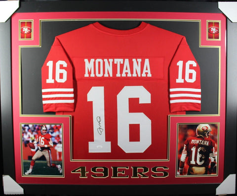JOE MONTANA (49ers red SKYLINE) Signed Autographed Framed Jersey JSA