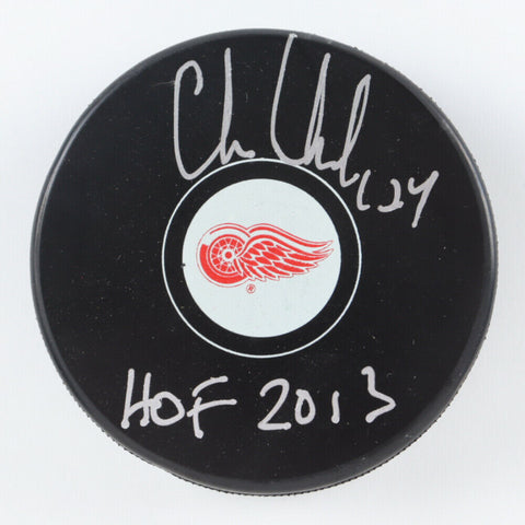 Chris Chelios Signed Red Wings Logo Hockey Puck Inscribed "HOF 2013" (Schwartz)