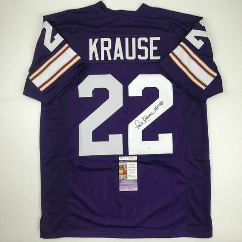 Autographed/Signed PAUL KRAUSE HOF 98 Minnesota Purple Football Jersey JSA COA