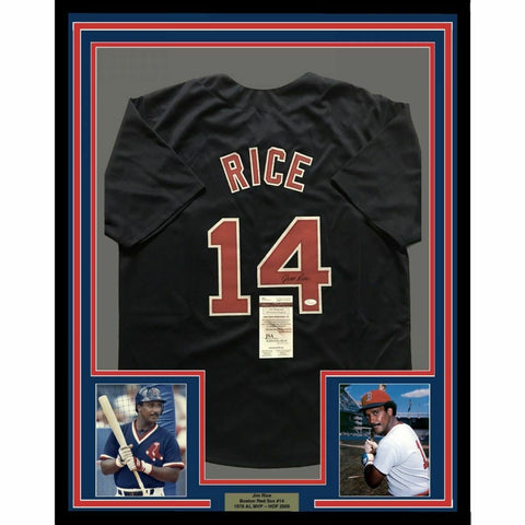 FRAMED Autographed/Signed JIM RICE 33x42 Boston Blue Baseball Jersey JSA COA
