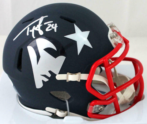 Ty Law Autographed New England Patriots AMP Speed Mini Helmet- Beckett W *Silver