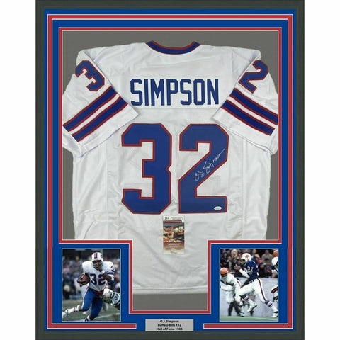 FRAMED Autographed/Signed OJ O.J. SIMPSON 33x42 Buffalo White Jersey JSA COA