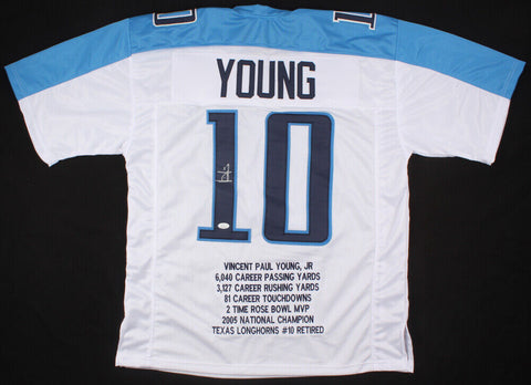 Vince Young Signed Tennessee Titans Career Highlight Stat Jersey (JSA COA)
