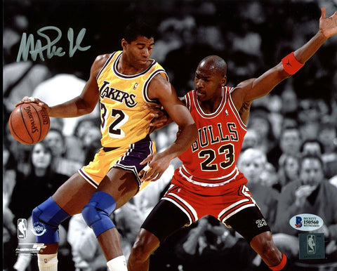 Lakers Magic Johnson Signed 8X10 Spotlight Photo w/ Michael Jordan BAS Witness 4