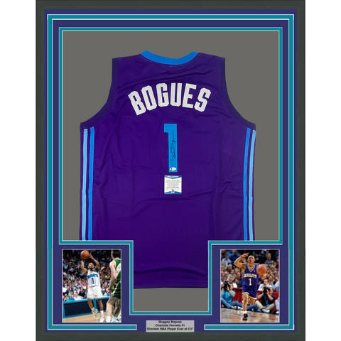 Framed Autographed/Signed Muggsy Bogues 33x42 Charlotte Purple Jersey BAS COA