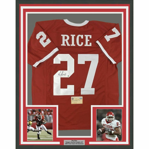 FRAMED Autographed/Signed RAY RICE 33x42 Rutgers Red Jersey Steiner Sports COA