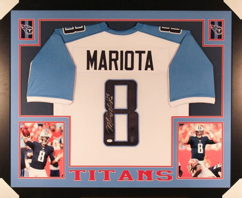 Marcus Mariota Signed Titans 35x43 Custom Framed Jersey / JSA COA & Mariota Holo