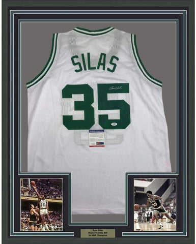 Framed Autographed/Signed Paul Silas 33x42 Boston White Jersey PSA/DNA COA