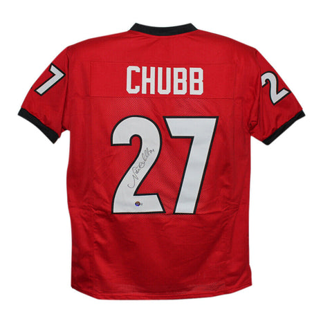 Nick Chubb Autographed/Signed College Style Red XL Jersey Beckett 39015