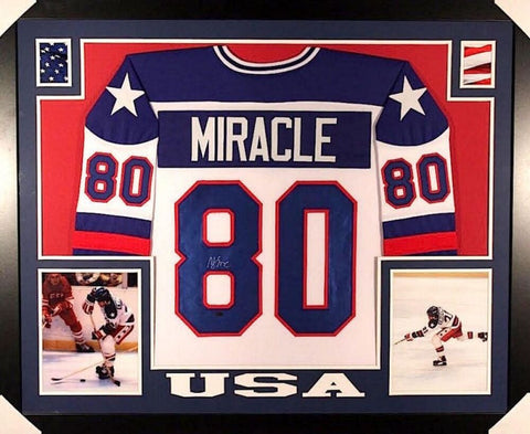Mike Eruzione Signed 1980 Miracle On Ice #80 35" x 43" Framed Jersey (JSA COA)