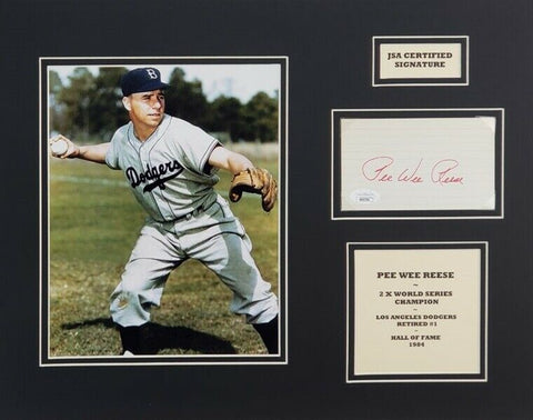 Pee Wee Reese Signed Index Card Photo Matted 14x18 Display (JSA COA) Brooklyn SS