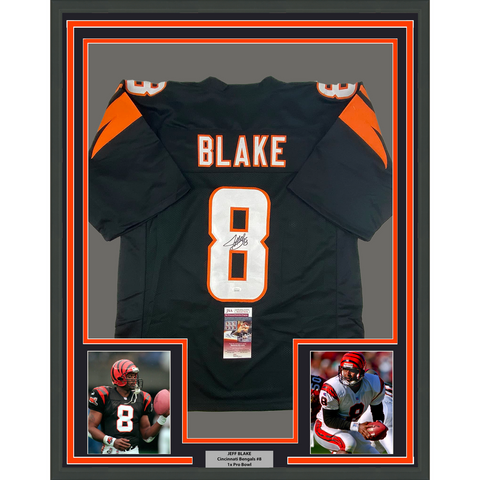 Framed Autographed/Signed Jeff Blake 33x42 Cincinnati Black Jersey JSA COA