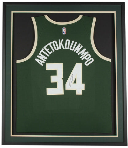Giannis Antetokounmpo Signed Framed Green Milwaukee Bucks Swingman Jersey BAS