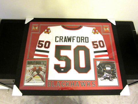 Corey Crawford Signed Blackhawks 35x43 Custom Framed Jersey (JSA COA) 2X Champ