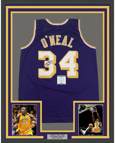 FRAMED Autographed/Signed SHAQUILLE SHAQ O'NEAL 33x42 Purple Jersey Beckett COA