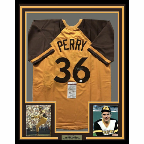 FRAMED Autographed/Signed GAYLORD PERRY 33x42 San Diego Yellow Jersey JSA COA