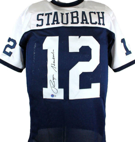 Roger Staubach Autographed Blue/White Pro Style Jersey-Beckett W Hologram *Black