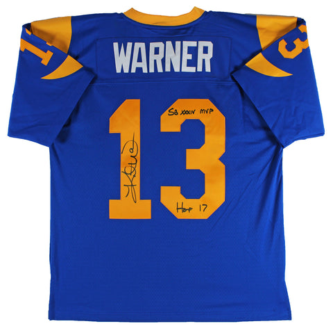 Rams Kurt Warner "2x Inscribed" Signed Blue Mitchell & Ness Jersey BAS Witnessed
