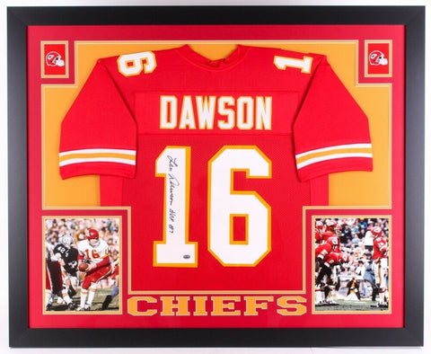 Len Dawson Signed Chiefs 35" x 43" Custom Framed Jersey Inscribed "HOF 87" GTSM