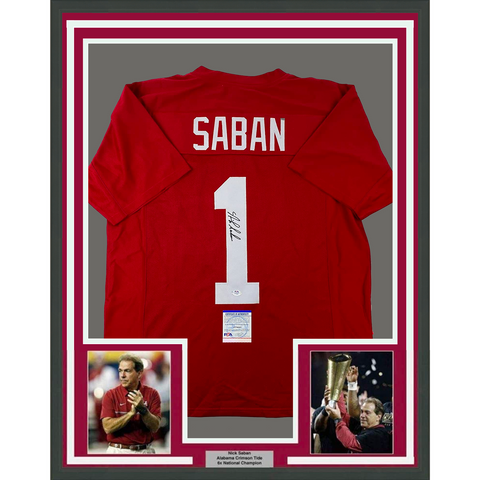 Framed Autographed/Signed Nick Saban 33x42 Alabama Red College Jersey PSA COA