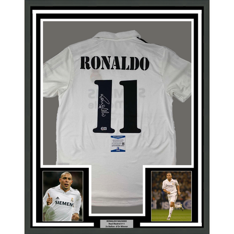 Framed Autographed/Signed Ronaldo Nazario 33x42 Real Madrid White Jersey BAS COA