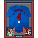 Framed Autographed/Signed Yadier Molina 33x42 St. Louis Blue Jersey Beckett COA