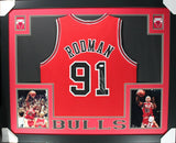 DENNIS RODMAN (Bulls red SKYLINE) Signed Autographed Framed Jersey JSA