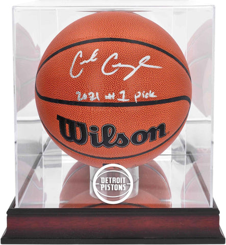 Cade Cunningham Pistons Signed Wilson Ball w/Ins/Mahogany Team Logo Display Case