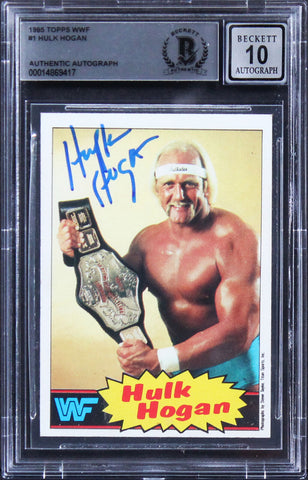 Hulk Hogan Signed 1985 Topps WWF #16 Yellow Back Rookie Card Auto 10 BAS Slabbed